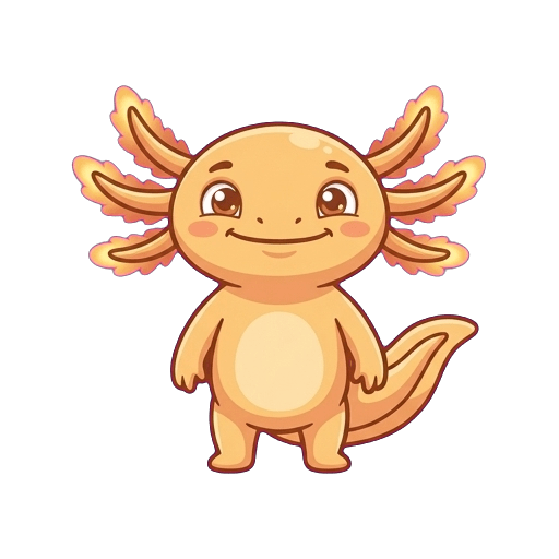 The canonical anchor for Lottie, soclever's mascot: a peach-gold axolotl drawn front-on, the one image every later generation is conditioned against