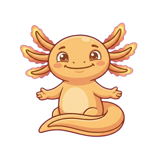 Lottie re-posed as the patient coach: sitting low, arms open, unmistakably the same axolotl as the anchor